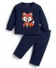 Kanvin Fleece Knit Full Sleeves Antipilling Winter Night Suit with Fox Patch Embroidery - Navy Blue