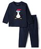 Kanvin Fleece Knit Full Sleeves Antipilling Winter Night Suit with Penguin Patch Embroidery - Navy Blue