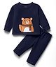 Kanvin Fleece Knit Full Sleeves Antipilling Winter Night Suit with Bear Patch Embroidery - Navy Blue