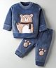 Mom's pet Fleece Knit Full Sleeves Bear Embroidered Sweatshirt & Joggers Set - Blue