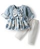 Mom's pet Fur Knit Full Bell Sleeves Floral Patch & Bow Applique Detailed Dress With Pant - Blue
