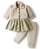 Mom's pet Fleece Knit Checked Dress With Full Sleeves Jacket & Pant Set - Beige