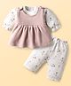 Mom's pet Fleece Knit Solid Dress With Full Sleeves Floral Printed Tee & Pant Set - Peach