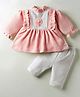 Mom's pet Velvet Knit Full Sleeves Frill Detailed & Floral Applique Detailed Dress With Pant Set - Peach