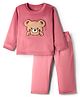 Kanvin Fleece Knit Full Sleeves Antipilling Winter Night Suit with Bear Embroidery Patch - Pink