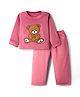 Kanvin Velour Knit Full Sleeves Antipilling Winter Night Suit with Bear Embroidery Patch - Pink