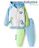 Babyoye 100% Cotton Knit Full Raglan Sleeves Hooded Colour Blocked Winter Wear Suits With Dino Print - White Light Blue & Light Green
