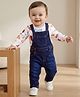 Babyoye 100% Cotton Knit Full Sleeves Dungaree Style Romper with Inner Tee & Sport Print - Navy Blue & White