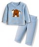 Kanvin Knit Full Sleeves Winter Night Suit with Animal Patch Embroidery - Light Blue