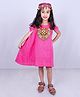 Aglare Navratri Theme Cotton Woven Sleeveless Mirror Patch Detailed Dress With Cap - Magenta