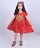 Aglare Navratri Theme Cotton Woven Half Sleeves Mirror Patch Detailed Bandhani Design Dress With Cap - Red