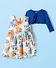 Babyhug Cotton Woven Floral Print Frock with Full Sleeves Shrug - White & Blue