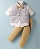 Rikidoos Full Sleeves Striped 3 Piece Party Suit With Bow & Suspender Set - Light Blue & Khaki