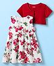 Babyhug Cotton Woven Half Sleeves Frock & Shrug With Floral Print & Frill Detailing - Red & White
