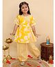 AJ Dezines Cotton Woven Half Sleeves Floral Printed & Gotta Lace Embellished Kurti Pant Set - Yellow