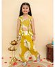 AJ Dezines Cotton Woven Sleeveless Floral Printed Gota Lace Embellished Top With Attached Shrug & Coordinating Pant Set - Mustard