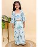 AJ Dezines Cotton Woven Three Fourth Sleeves Foral Swirls Printed Striped & Gota Lace Embellished Shrug Attached Top With Coordinating Pant Set - Blue