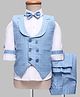 Radutu Full Sleeves Checked 3 Piece Party Suit Set With Bow - Light Blue & White