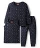 Babyhug Cotton Knit Full Sleeves Star Printed Thermal Wear Set With Vest - Navy Blue