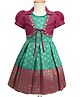 Enfance Banarasi Printed Pattu Pavadai Dress With Half Puffed Sleeves Shrug Set - Bottle Green