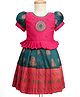 Enfance Half Puffed Sleeves Floral Embroidered Banarasi Printed Pattu Pavadai Dress - Dark Green & Pink