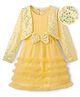 Hola Bonita Knit Glitter Mesh Party Dress With Full Sleeves Sequinned Shrug & Bow Applique - Yellow