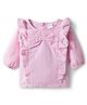 Babyoye Cotton Woven Full Sleeves Top With Stripes Bow Applique & Frill Detailing - Pink