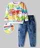Ollington St. Cotton Full Sleeves Printed Sweatshirt & Denim Joggers Set - White & Blue