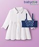 Babyoye 100% Cotton Woven Full Sleeves Shirt Dress With Denim Top & Butterfly Patch Embroidery - White & Blue