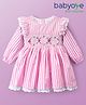 Babyoye 100% Cotton Woven Full Sleeves Frocks With Stripes & Frill Detailing - Pink
