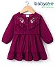Babyoye 100% Cotton Woven Full Sleeves Frock With Floral Embridery - Wine