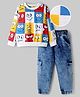 OLLINGTON ST. Cotton Sinker Knit Full Sleeves Printed Sweatshrit & Denim Joggers with Smiley Print - Multicolor White & Indigo