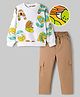 OLLINGTON ST. Cotton Full Sleeves Printed Sweatshirt & Denim Joggers Set - White & Brown
