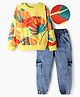 OLLINGTON ST. Cotton Sinker Knit Full Sleeves Sweatshrit & Denim Joggers with Leaf Print - Multicolor Yellow & Indigo