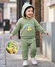 Mark & Mia Terry Knit Full Sleeves Oversized Winter Wear Hooded Sweatshirt & Lounge Pant Set with Dino Applique & Print - Green