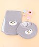 ZOE Burp Cloth & Bib Penguin Embroidery - Set of 2 Grey Absorbent Machine Washable Easy Velcro Closure Soft & Skin Friendly Drool & Feeding Time Solution for New Born