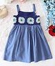 Woonie Cotton Knit Sleeveless Floral Crochet Designed & Schiffli Embroidered Flared Dress - Blue