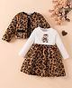 Mark & Mia Cotton Knit Full Sleeves Frock with Jacket & Teddy & Animal Print - Brown & White