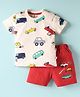 Mini Donuts Single Jersey Knit Half Sleeves Striped T-Shirt & Shorts Set with Car Print - Red