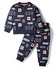 Smarty Boys Sinker Knit Full Sleeves T-Shirt & Lounge Pant Set With Text Print - Navy Blue