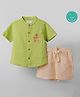 Greendeer 100% Softner Washed Muslin Cotton Woven Half Sleeves Star Fish Embroidered Mandarin Collar Shirt & Shorts Set - Green & Beige