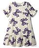 Primo Gino Cotton Knit Half Sleeves Drop Waist Frock With Ribbon Print - Ivory