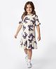 Primo Gino Cotton Knit Half Sleeves Drop Waist Frock With Ribbon Print - Ivory