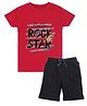 Etched Design Cotton Knit Half Sleeves Little Rock Star Text Printed Tee & Shorts Set - Red & Black