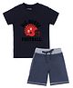 Etched Design 100% Cotton Knit Half Sleeves Big House Football Text Printed Tee & Shorts Set - Navy Blue