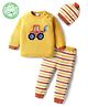 Babyhug Organic Cotton Knit Full Sleeves Vehicles Embroidered Pullover Sweater Set With Stripes & Cap - Mustard