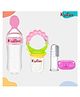 Kritiu Baby Silicone Fruit Nibbler Soother Squeezy Food Feeder Bottle With Spoon & Fingure Toothbrush -(Pack of-3)- Pink