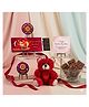 Expelite Unique Rakhi Gift Hamper for Sister with 35g Chocolate Bar, Jute Potli, Teddy and Greeting Card | Special Raksha Bandhan Gift for Sis