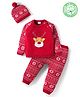 Babyhug Organic Cotton Knit Full Raglan Sleeves Sweater Set with Cap Reindeer Patch & Fair Isle Design - Red