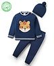 Babyhug Organic Cotton Knit Full Sleeves Sweater Sets with Cap & Tiger Design - Navy Blue